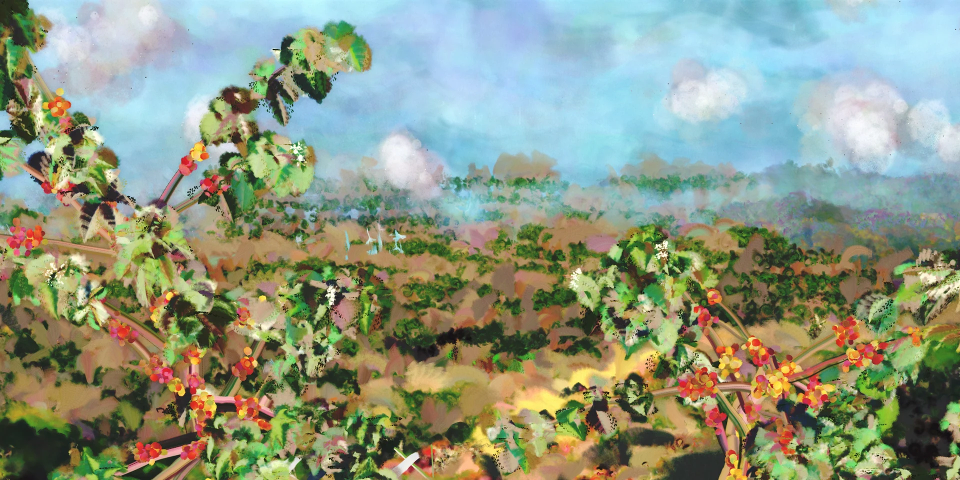 Two fruiting coffee trees under a blue sky with white clouds at 3 p.m., mountains in the distance