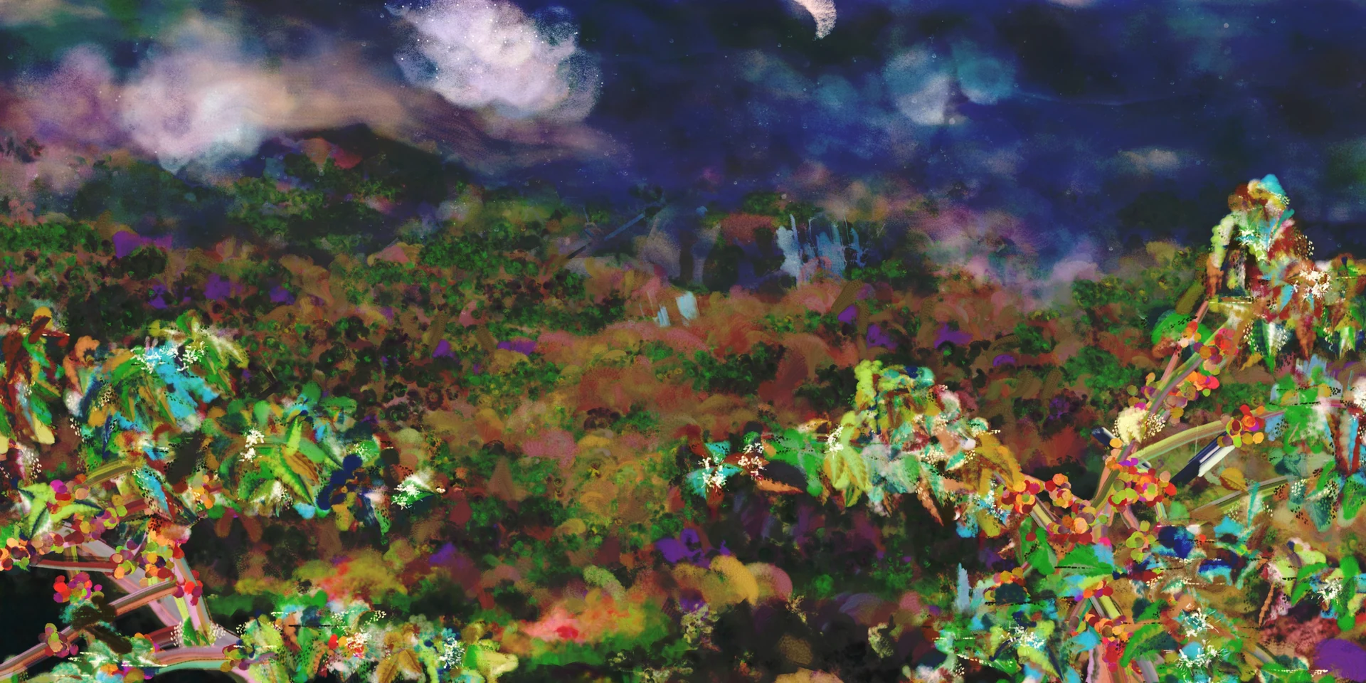 Coffee trees under a deep blue night sky and clouds at 9 p.m.