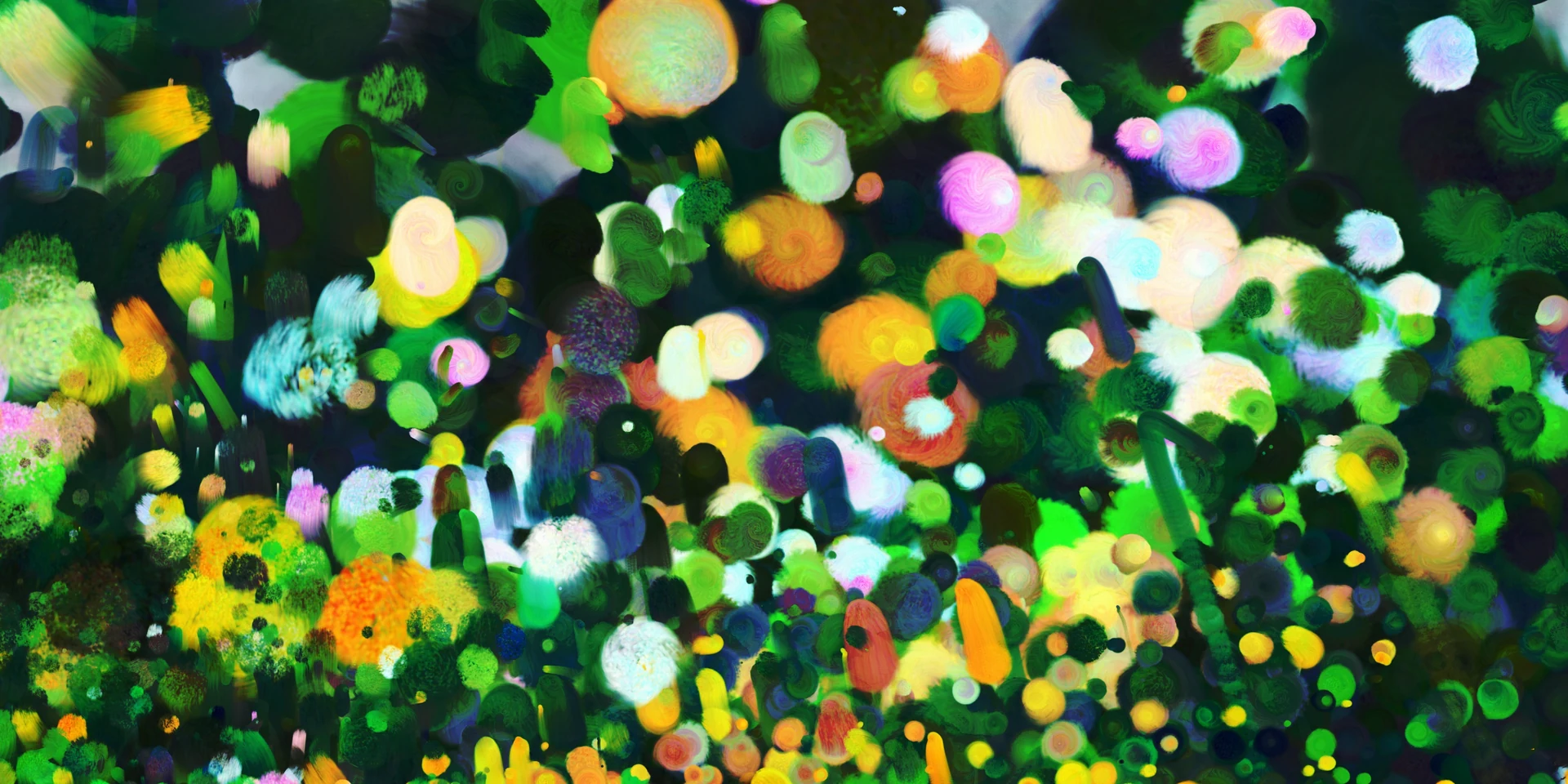 Coffee Dreamscape bubbles in the green-gold palette, orange, pink, cream and green dots overlapping