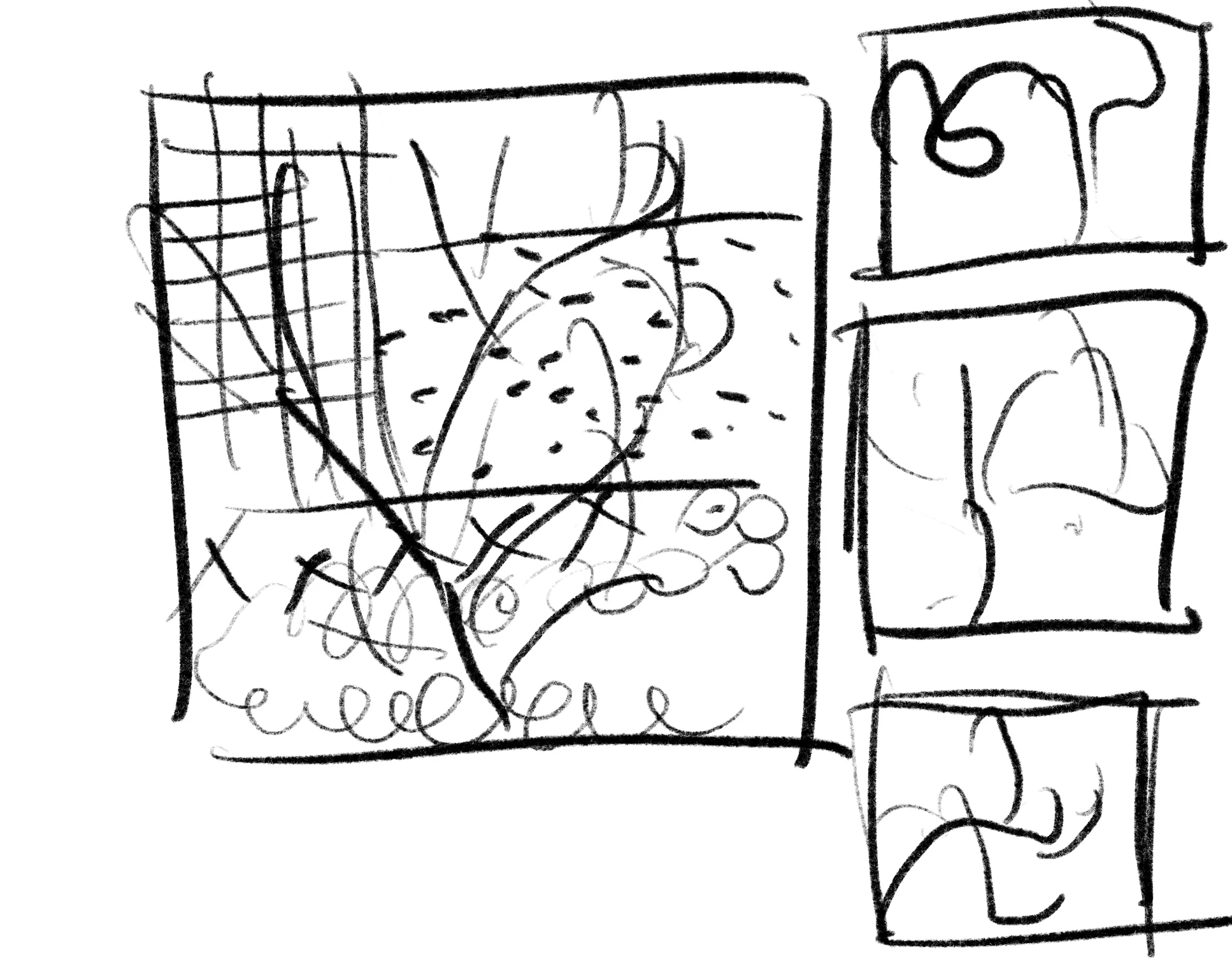 A hand-drawn sketch: divided space and particle paths
