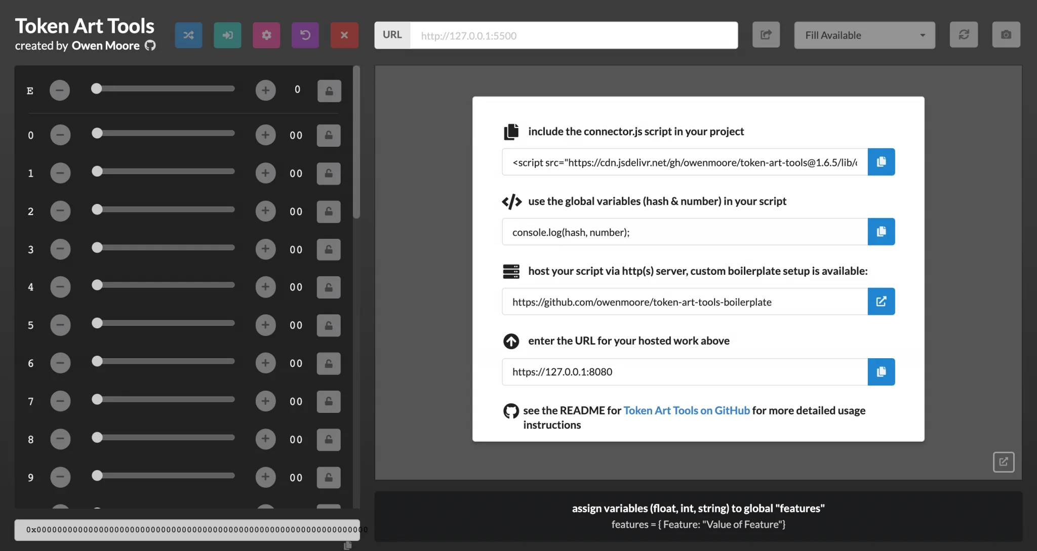 The Token Art Tools screen: testing hashes with sliders