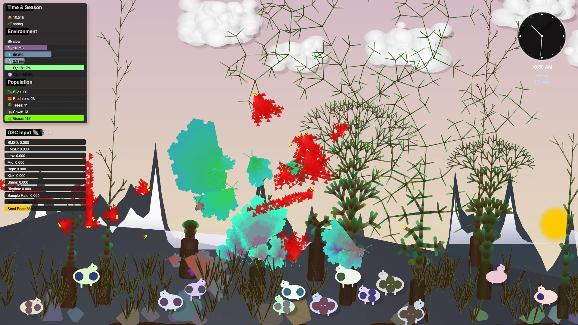 The p5.js ecosystem: a spring morning with cows, bugs and predators, the environment and population dashboard at top left