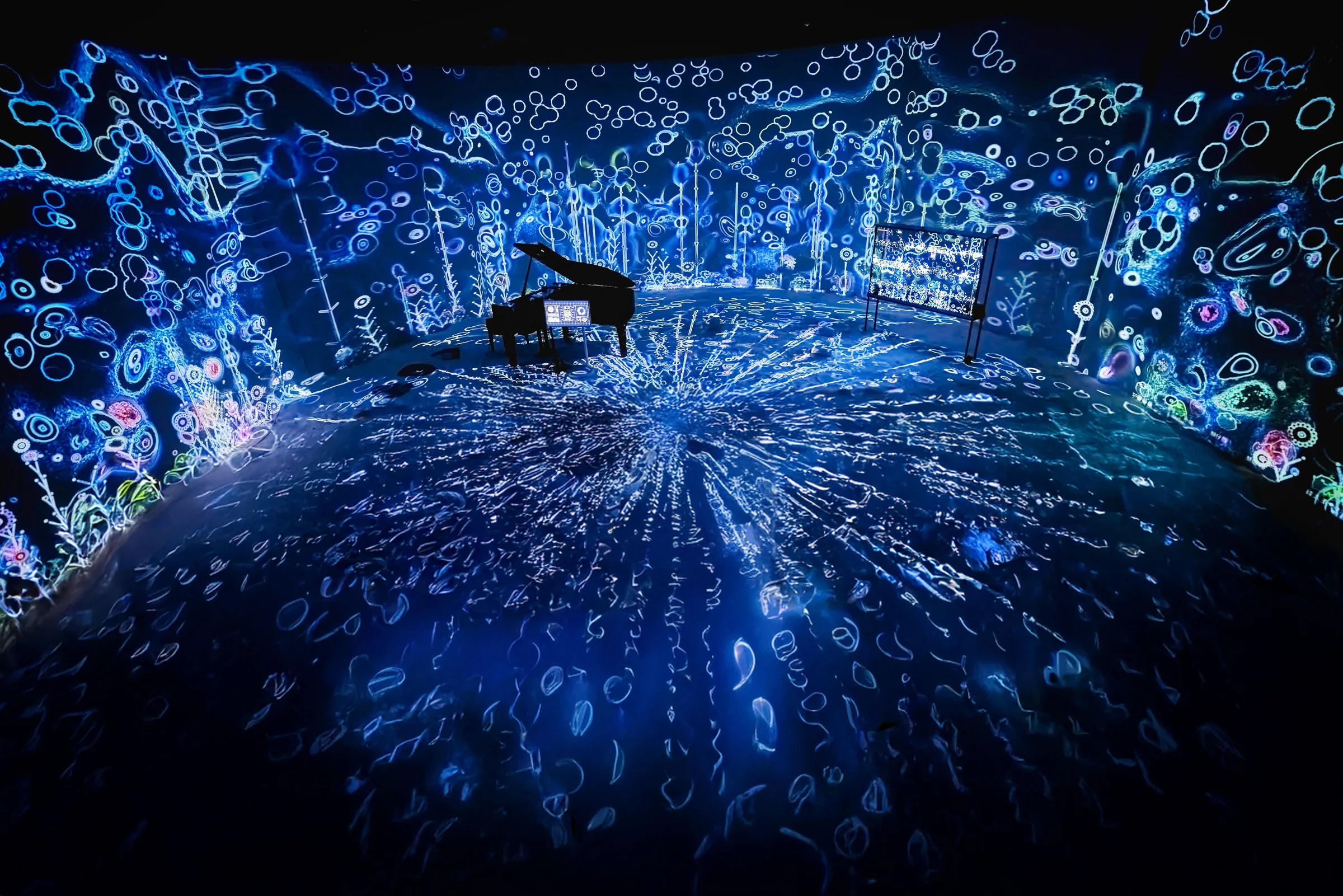 The Eternal Garden in a Bottle, Pier-2, The piano at the centre of a blue garden