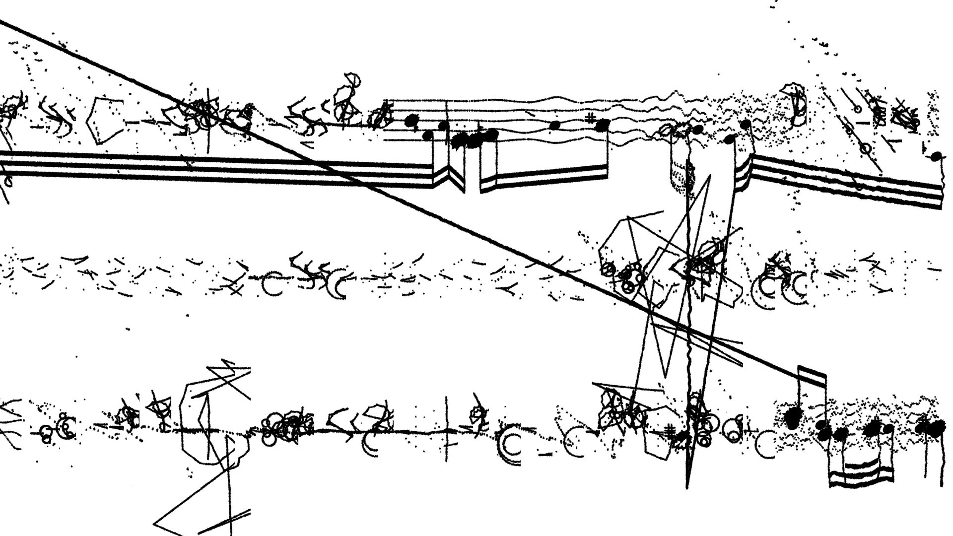 The distorted score: black lines on white paper, classical and modern notation interleaved