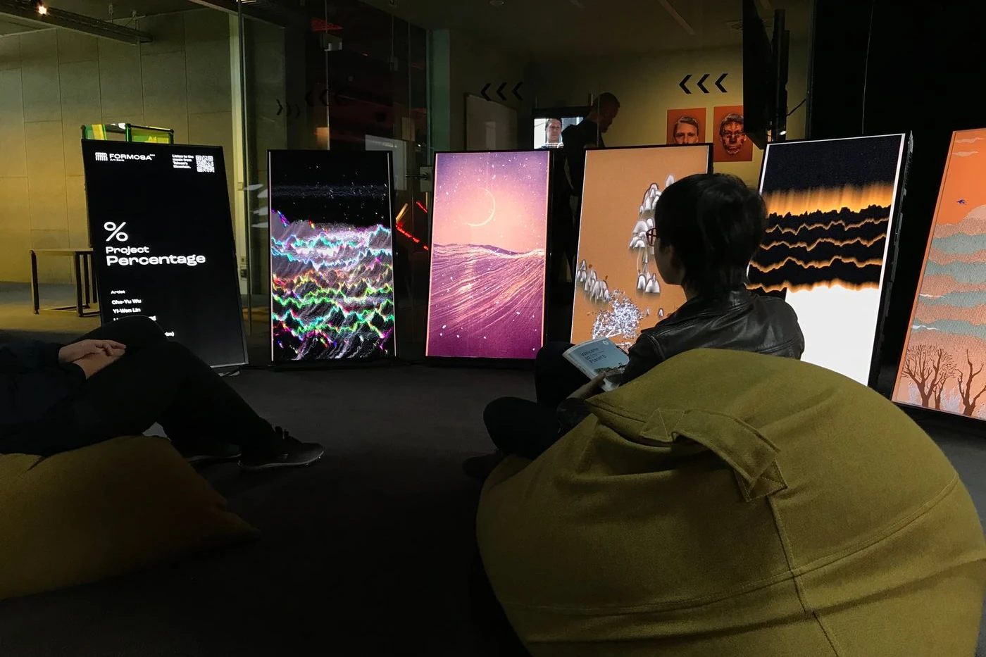 Each of the five screens playing a different series, visitors on beanbags