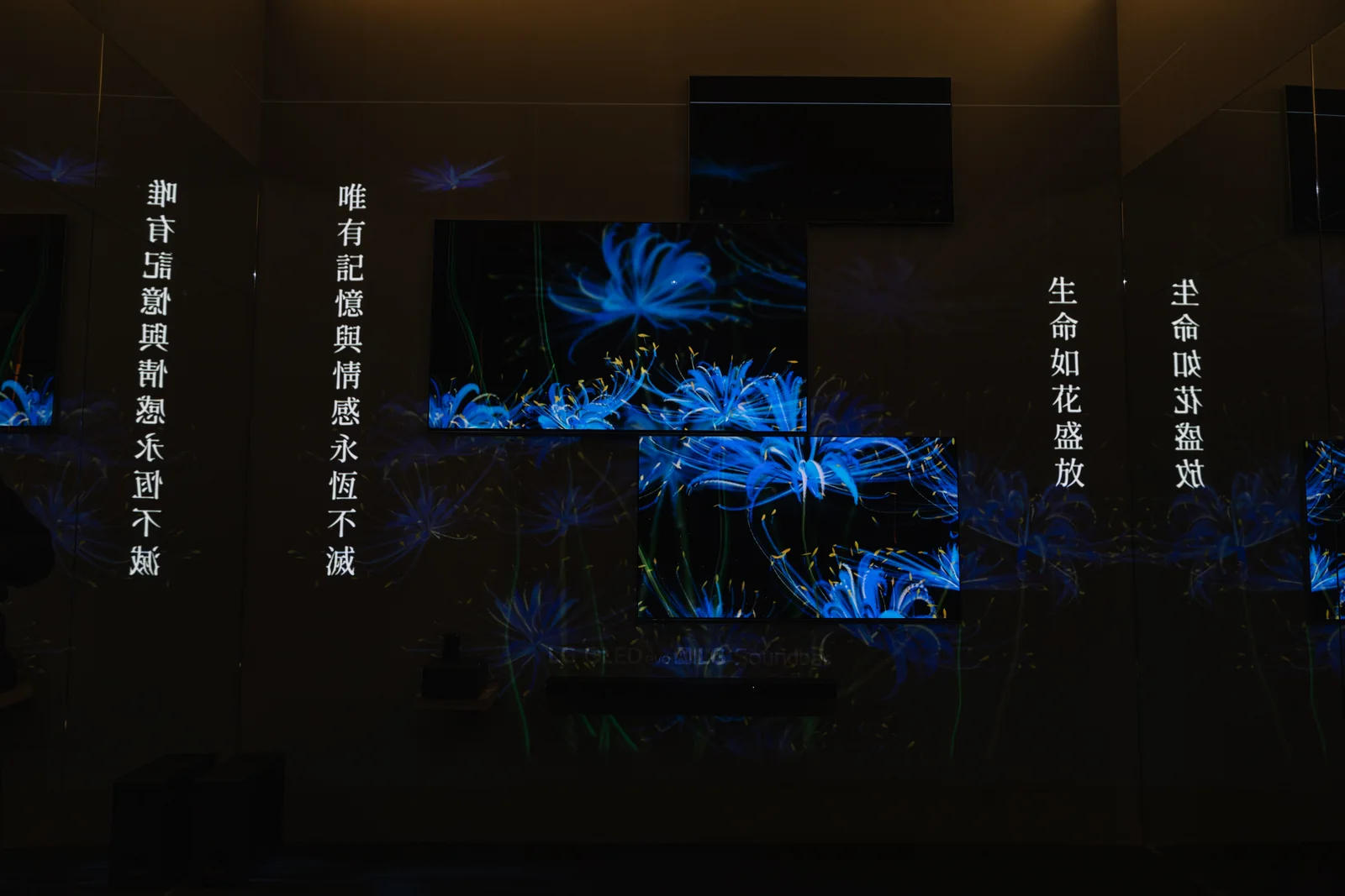 Blue flowers and vertical text on the wall
