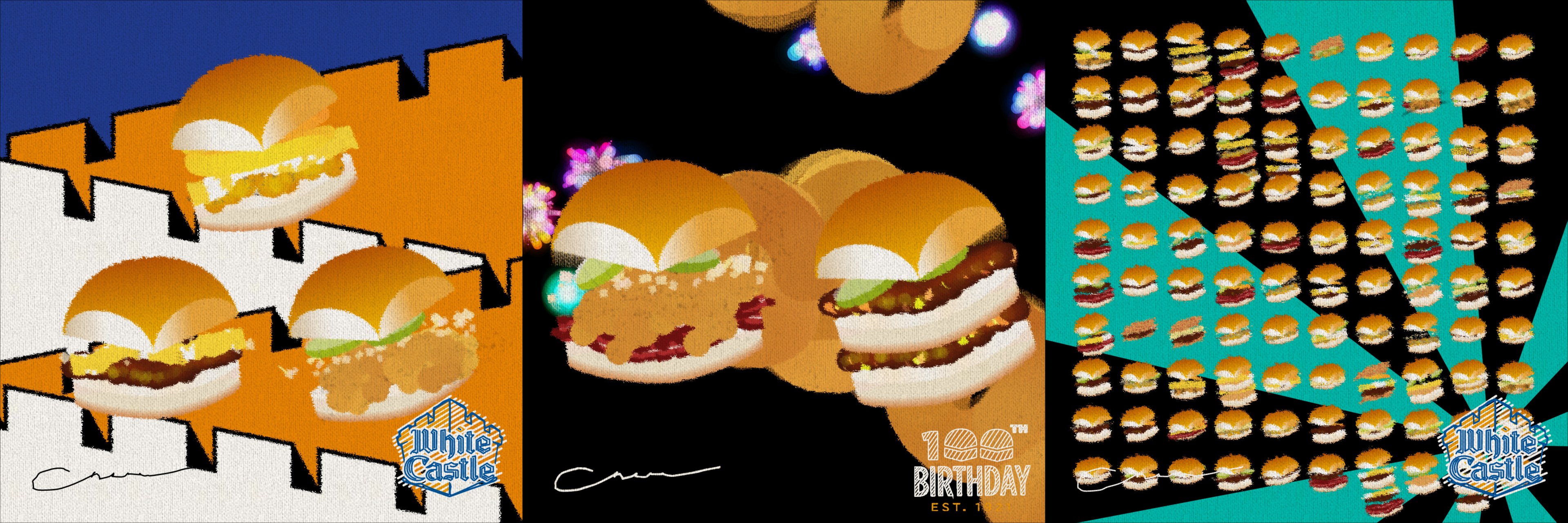 Three editions side by side: #23 the castle background, #160 birthday fireworks, #5 a hundred sliders. Official renders.