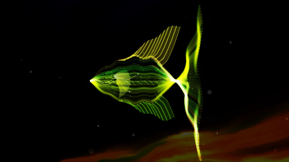 Soul Fish #304: Dark gold and khaki, tiny, with spine, strip scales, chord set A-1