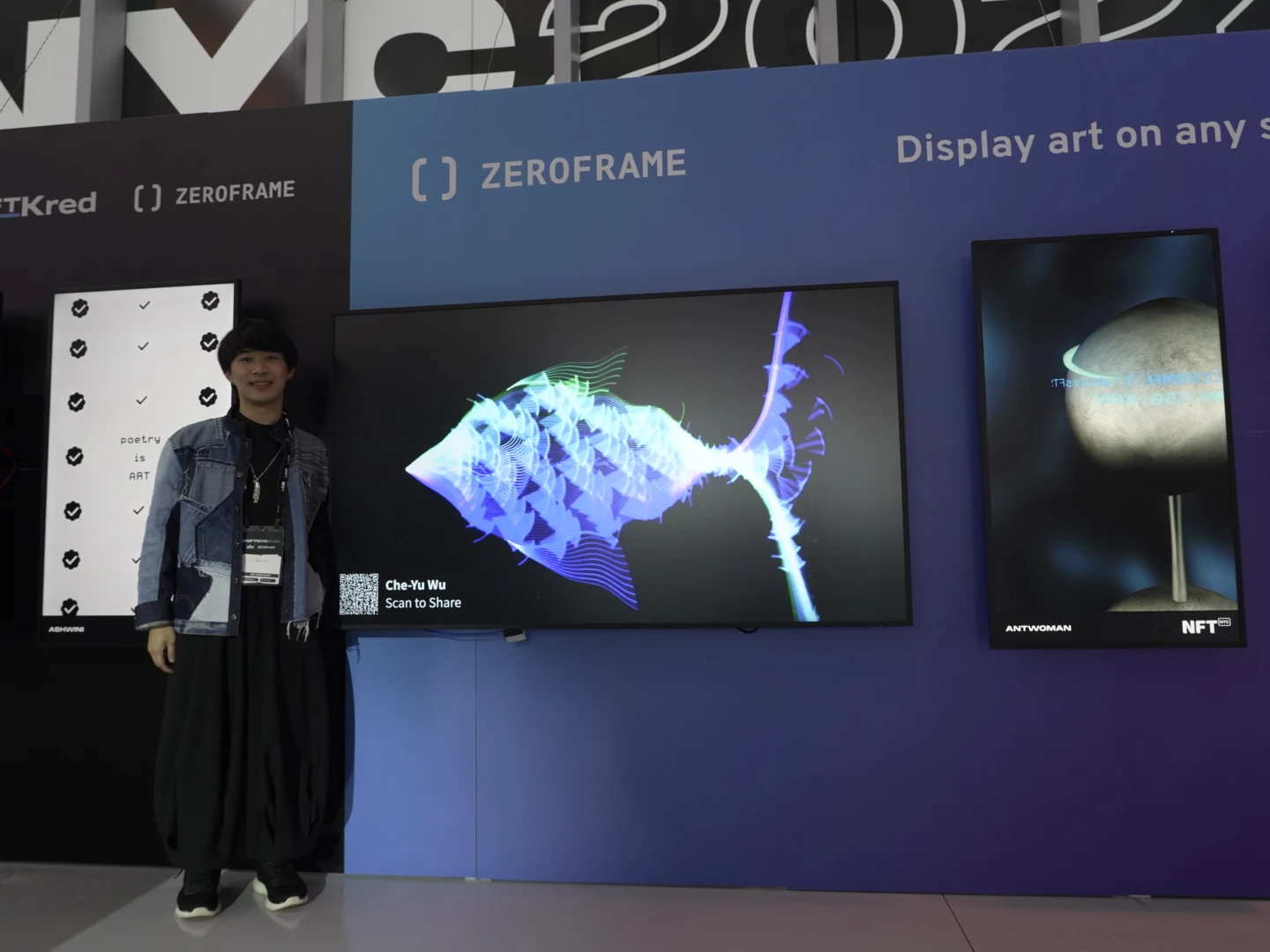 Soul Fish on site: NFT NYC, 2024: Soul Fish on the ZEROFRAME booth screen