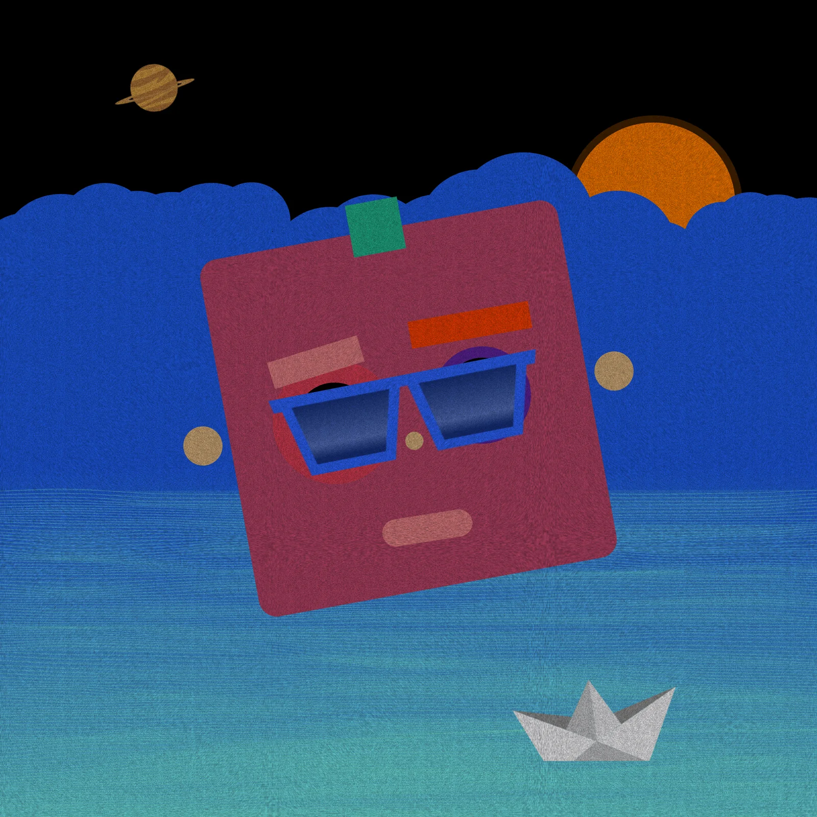 sail-o-bot number five: a pink ham floating at sea, wearing glasses