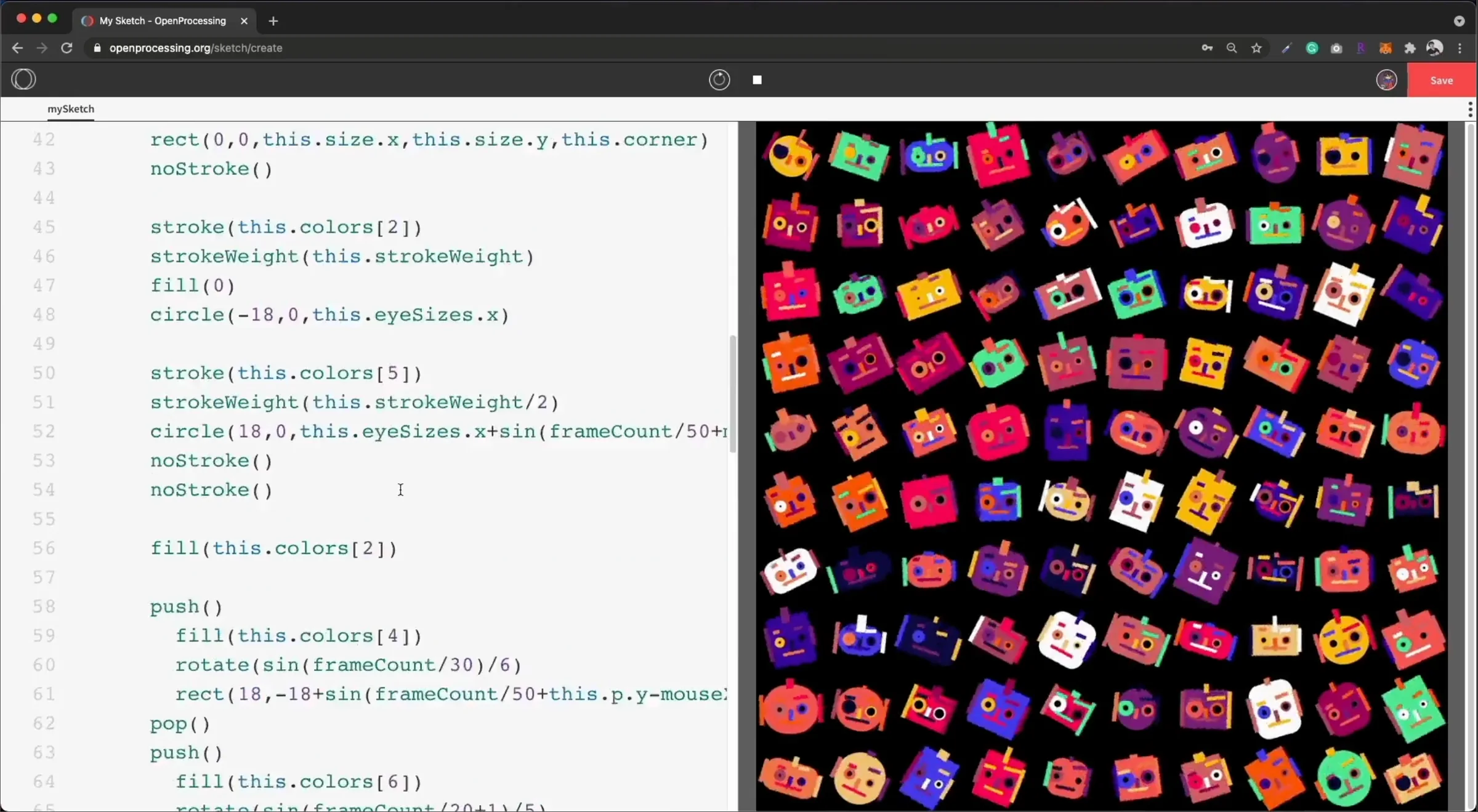 A screen recording from 28 March 2021: code on the left, a hundred robots on the right