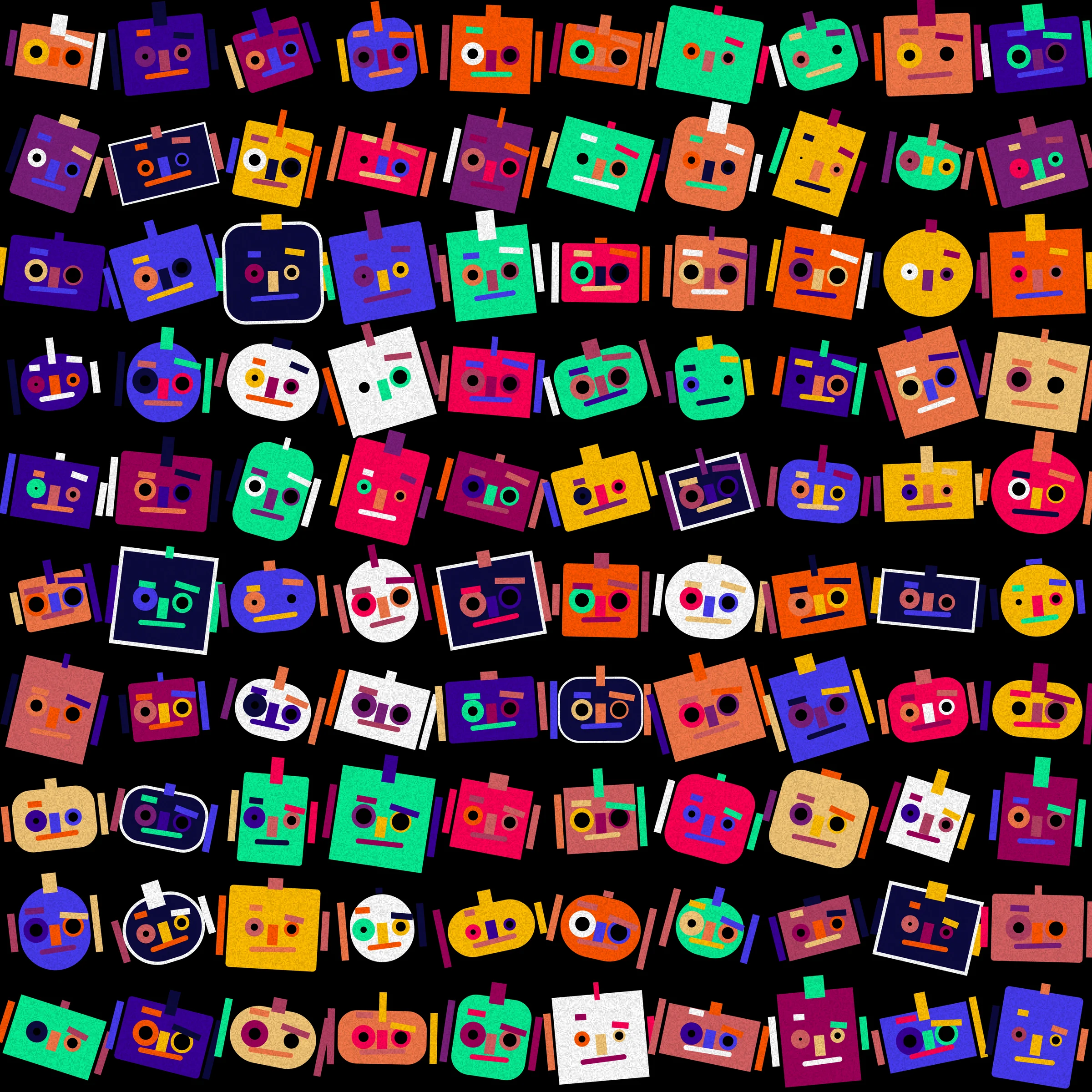 A hundred strange robots on a ten-by-ten grid